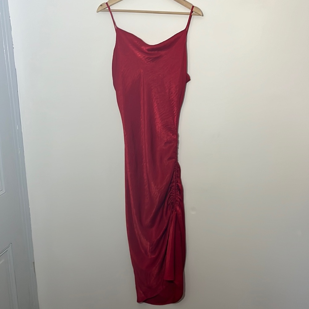 Lulus, Large,  Red, Spaghetti Strap, Ruched Drawstring Midi Dress